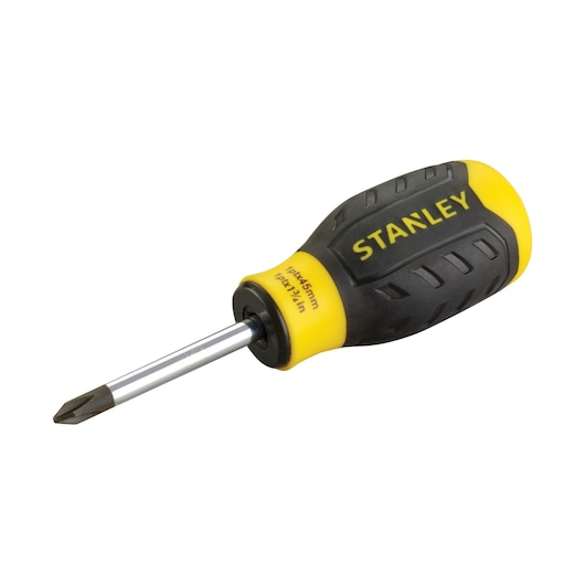 Photo of STANLEY 0-64-931 stubby Phillips screwdriver with yellow and black ergonomic handle, angled on white background.