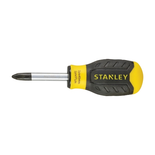 Stanley Phillips screwdriver with a short yellow and black handle and metal shaft.