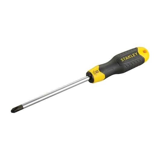 Stanley Phillips screwdriver with black and yellow handle, silver shaft, isolated on a white background.