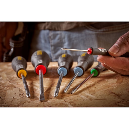 STANLEY 0-65-006 screwdriver set with color-coded handles on wood surface, one held in hand, product photography.