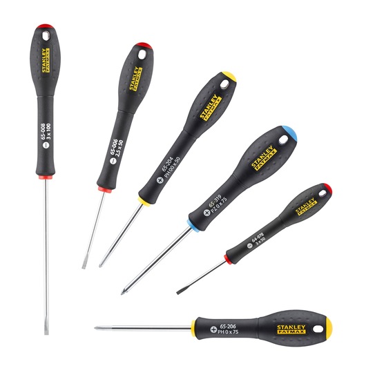 Photo of STANLEY 0-65-492 screwdriver set, six pieces with black and yellow handles, assorted tips, white background.