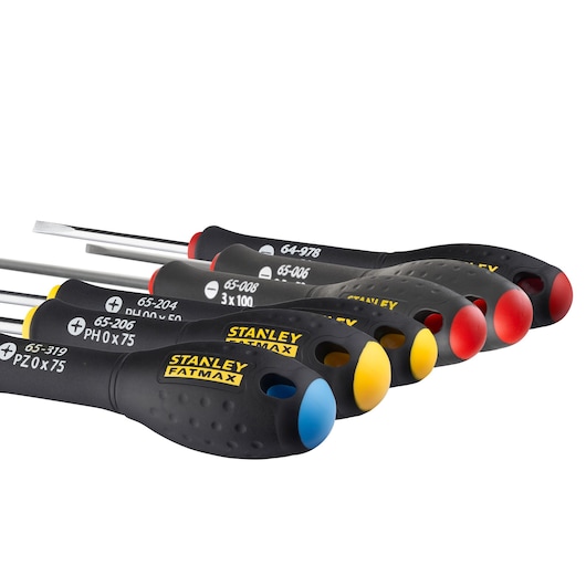 Set of Stanley FatMax screwdrivers with color-coded handles for different types and sizes.