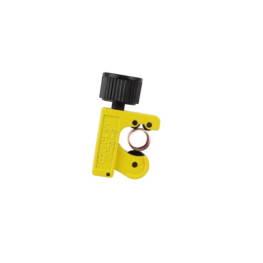 STANLEY 0-70-447 pipe cutter with yellow body and black knob, side angle on white background.