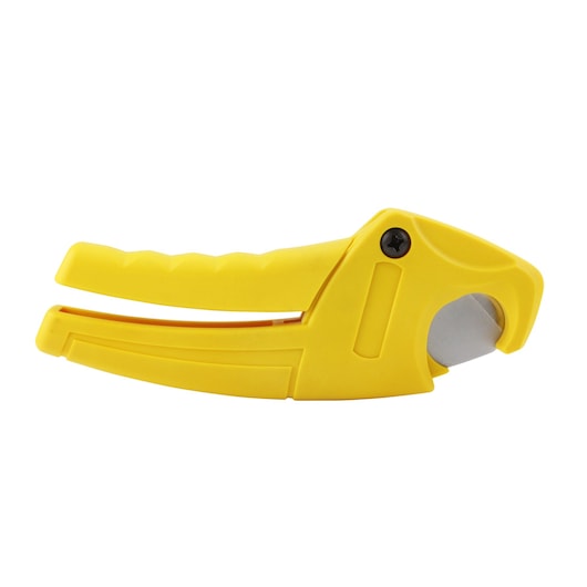 STANLEY 0-70-450 yellow plastic pipe cutter, side angle, showing curved cutting blade and ergonomic handle.