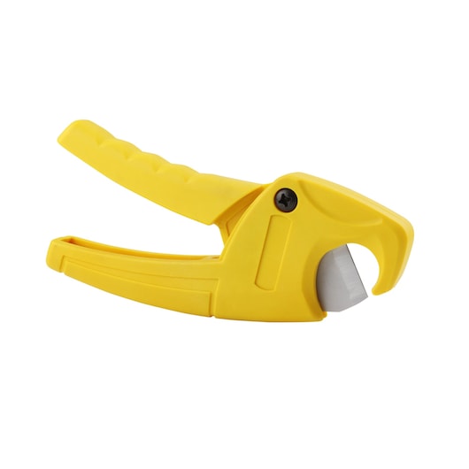 STANLEY 0-70-450 yellow plastic pipe cutter, product side view, photography on white background.