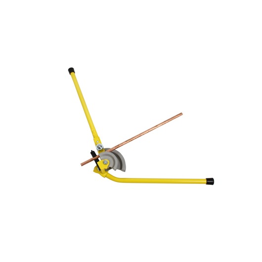 STANLEY 0-70-452 pipe bender with yellow handle shown at an angle on white background.