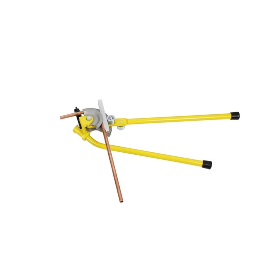 STANLEY 0-70-452 pipe bender with yellow handles and metal head, side angle on white background.
