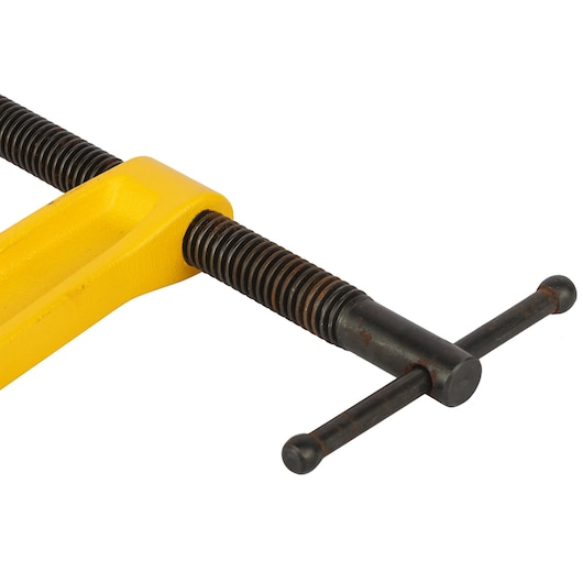 STANLEY 0-83-034 steel clamp with yellow frame, side angle on white background.