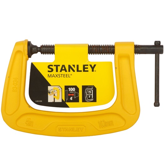 STANLEY 0-83-034 MaxSteel C-clamp, yellow cast iron, 100mm, front angle on white background.