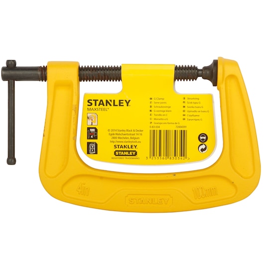 STANLEY 0-83-034 MAXSTEEL yellow G clamp, 4 inch, front view on white background.