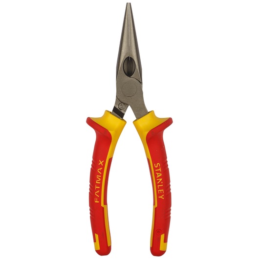 STANLEY 0-84-006 long nose pliers with red and yellow insulated handles, front angle, white background.