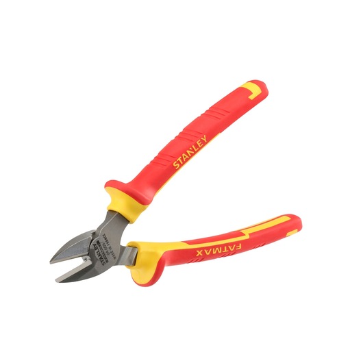 STANLEY 0-84-009 insulated diagonal cutting pliers with red and yellow handles, product side angle.