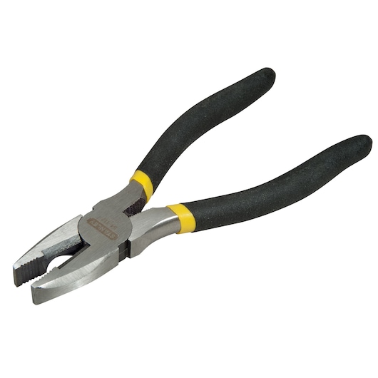 STANLEY 0-84-112 combination pliers with black and yellow handles, angled view on white background.