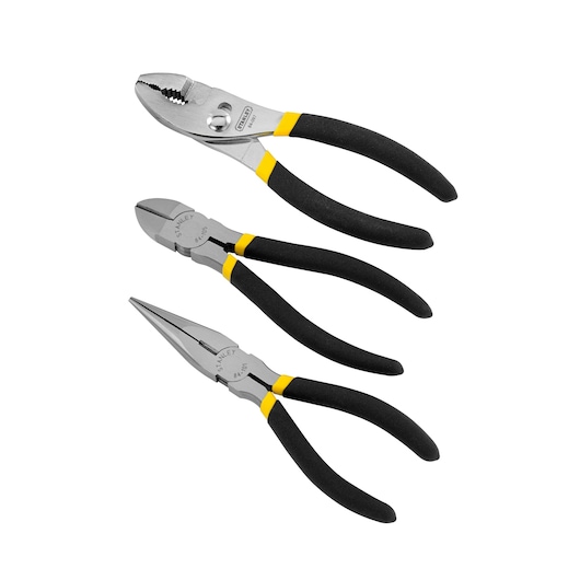 Set of three STANLEY pliers with black and yellow handles for various gripping and cutting tasks.