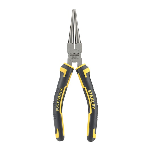 STANLEY 0-84-496 round nose pliers with black and yellow handles, photography on white background, hand tool.