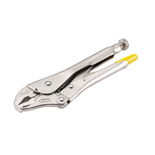 STANLEY 0-84-809 locking pliers, silver metal finish with yellow handle tip, side view on white background.