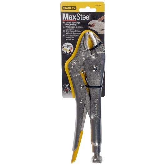 Photo of STANLEY 0-84-809 MaxSteel 225mm curved jaw locking pliers in retail packaging, front angle.