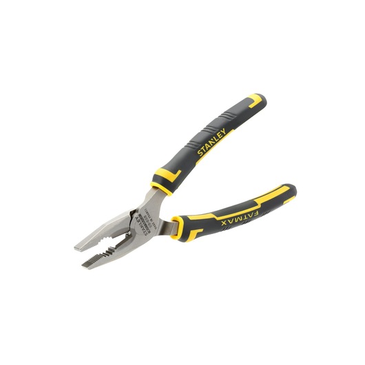 STANLEY 0-89-866 combination pliers with yellow and black handles, angled view on white background.