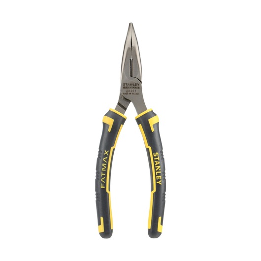 STANLEY 0-89-871 long nose pliers, black and yellow handles, photography on white background.