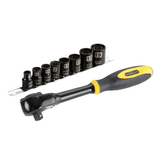 Stanley ratchet wrench with black and yellow handle, includes a set of eight socket heads on a metal rail.
