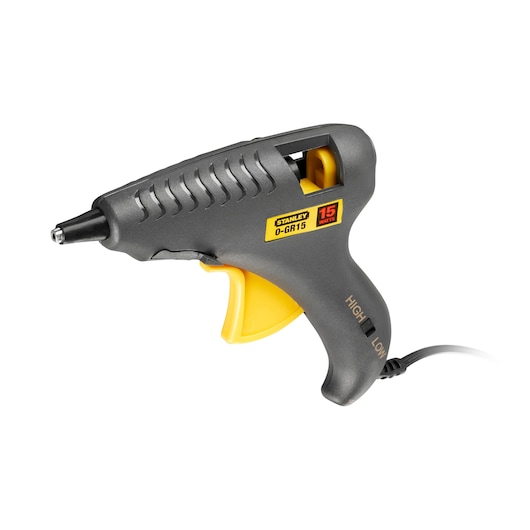 STANLEY 0-GR15 photography of grey and yellow glue gun, right side angle, high-low switch visible.