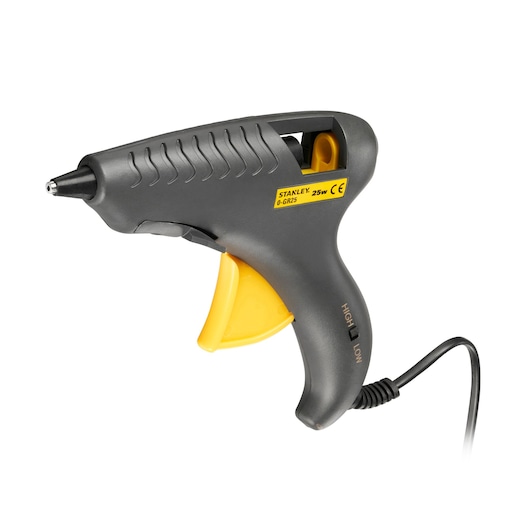 STANLEY 0-GR25 glue gun, black and yellow, side view on white background, corded design.