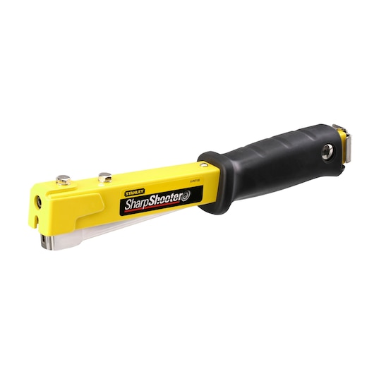 Stanley SharpShooter hand stapler with yellow metal body and black grip handle, shown isolated on white.