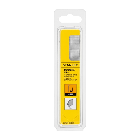 STANLEY 0-SWK-BN0625 18GA brad nails pack, 1000 pieces, product front view, yellow and clear packaging