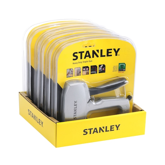 Photo of Stanley 0-TR150HL heavy duty staple gun in blister packs, angled in yellow Stanley display box.