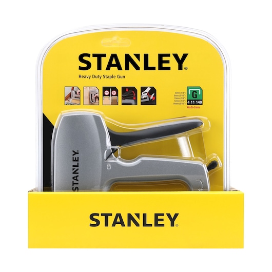 STANLEY 0-TR150HL heavy-duty staple gun packaged, front angle, silver and black tool in yellow display box.