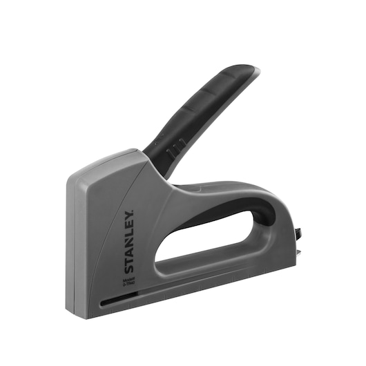 STANLEY 0-TR40 stapler, grey and black, side view, manual staple gun for light duty tasks.