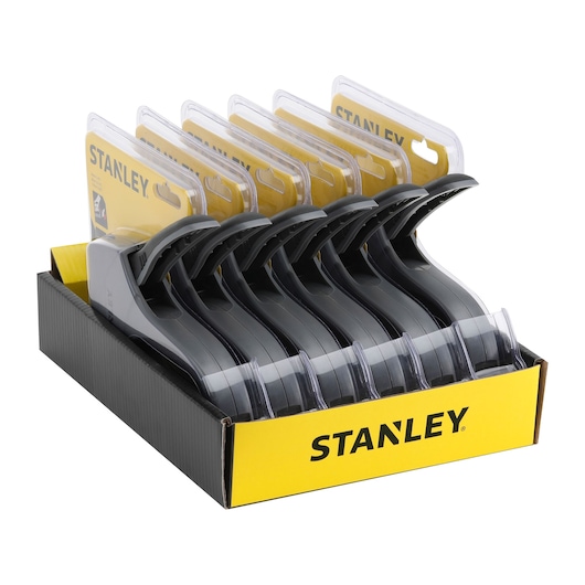 STANLEY 0-TR40 staplers in grey, displayed in black and yellow retail box, angled front view.