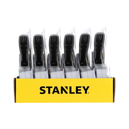 STANLEY 0-TR40 staplers front view in yellow retail box, six units, photography on white background.