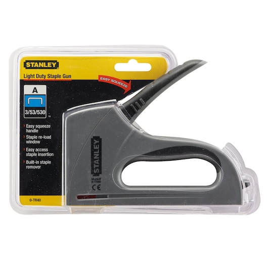 STANLEY 0-TR40 light duty staple gun in retail packaging, side angle.