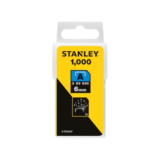 Photo of STANLEY 0-TRA204T zinc staples pack, 6mm, 1,000 pieces, front view on white background.