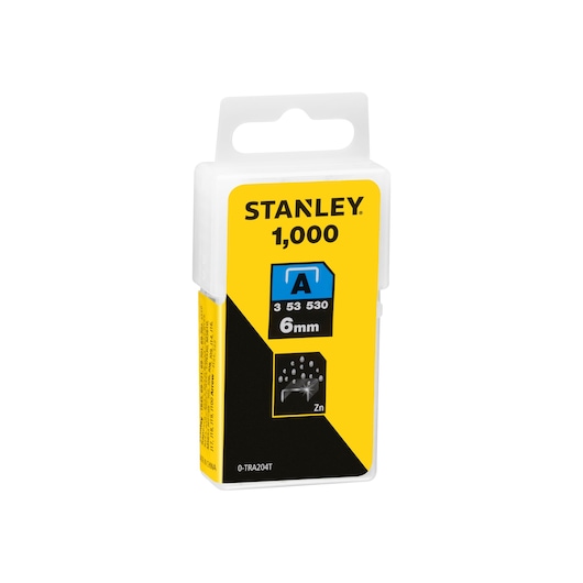 Photo of STANLEY 0-TRA204T package of 1,000 6mm zinc staples, front angle, yellow and black box with label details.