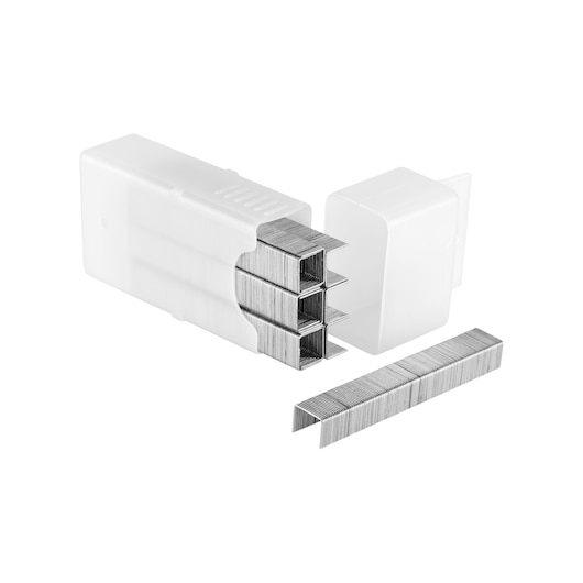STANLEY 0-TRA206T silver staples in a white plastic case, product category: Photography, front angle on white background.