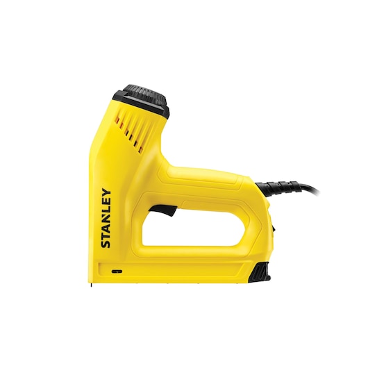 Yellow Stanley electric stapler with cord, shown in side profile against a white background.