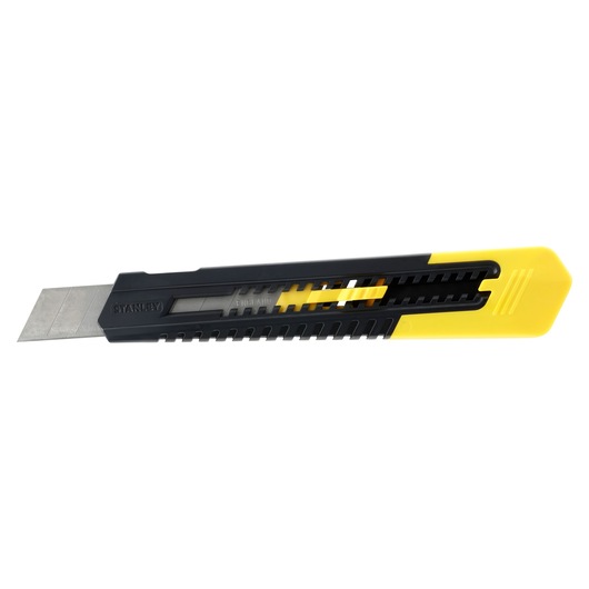STANLEY 1-10-151 utility knife with black and yellow plastic body, side view on white background.