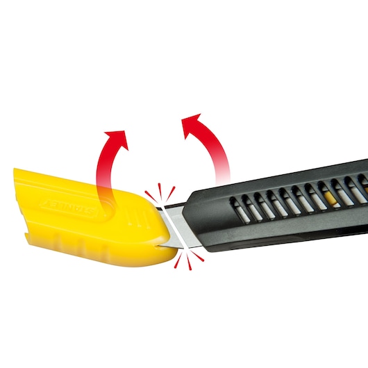 STANLEY 1-10-151 utility knife with yellow blade cover and demonstration arrows on white background, side view.