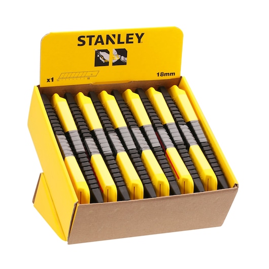 STANLEY 1-10-151 utility knives, yellow and black, 18mm, displayed in open cardboard box, front angle.