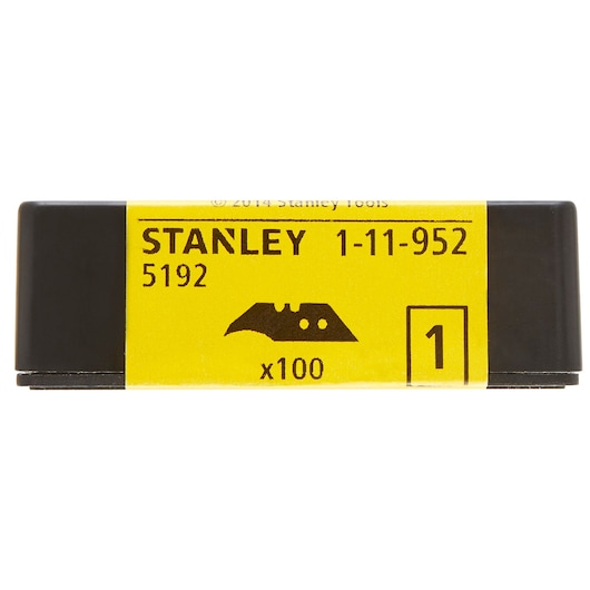STANLEY 1-11-952 utility blades pack, yellow and black, front angle, 100 blades inside.