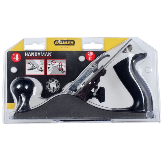 STANLEY 1-12-204 hand plane, No. 4, black handle, front angle, in retail packaging.