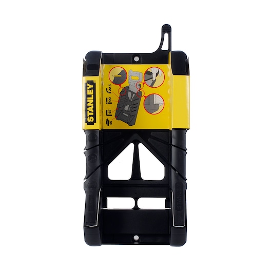 STANLEY 1-19-212 miter box, black plastic with yellow label, front angle, tool photography.