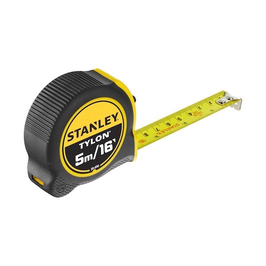STANLEY 1-30-696 tape measure, black and yellow, 5m/16ft, left angle on white background.