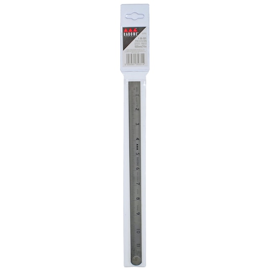 STANLEY 1-35-331 steel rule in packaging, front angle, precision metric markings, photography