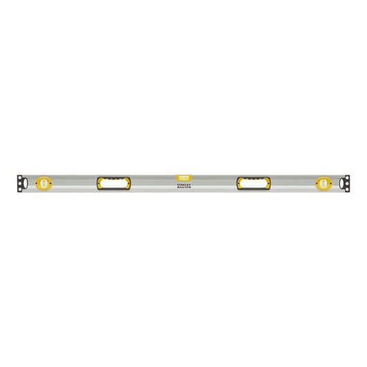 STANLEY 1-43-549 spirit level, silver body with yellow vials and handles, front angle on white background.