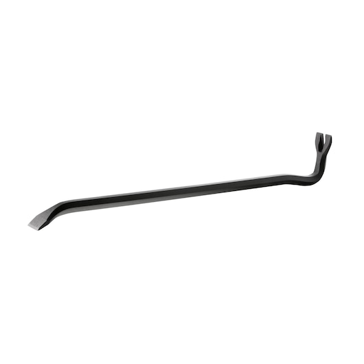 Photo of STANLEY 1-55-156 crowbar, black steel pry bar, angled end, flat white background.