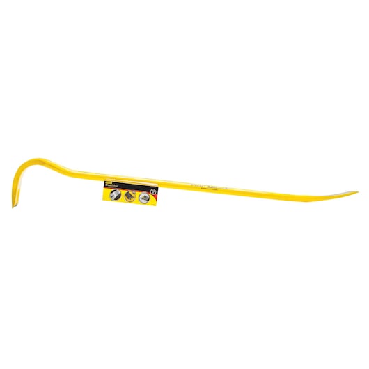 Photo of STANLEY 1-55-504 yellow wrecking bar with curved and flat ends, side angle on white background.