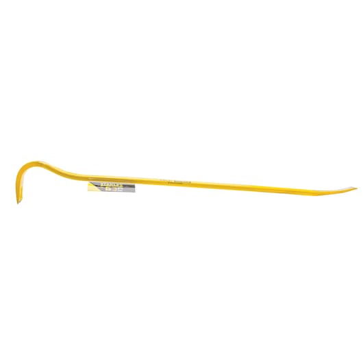 STANLEY 1-55-521 yellow steel crowbar, straight-on angle, with curved and chisel ends, on white background.